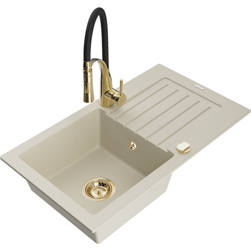 Mexen Pablo fregadero de granito de 1 seno con escurridor y grifo de cocina Aster, beige - 6510-69-73450-57-G