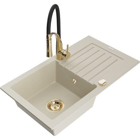 Mexen Pablo granit gootsteen 1-komor met afdruiprek en keukenmengkraan Aster, beige - 6510-69-73450-57-G