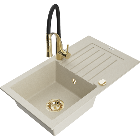Mexen Pablo granite sink 1-bowl with drainer and kitchen tap Aster, beige - 6510-69-73450-57-G
