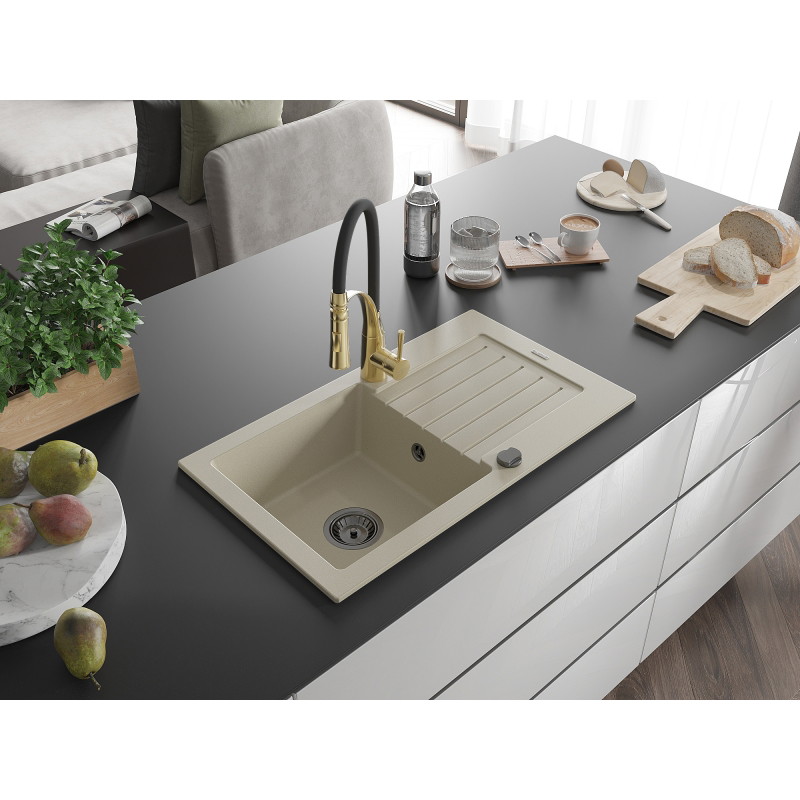 Mexen Pablo lavello in granito a 1 vasca con scolapiatti e rubinetto da cucina Aster, beige - 6510-69-73450-57-B