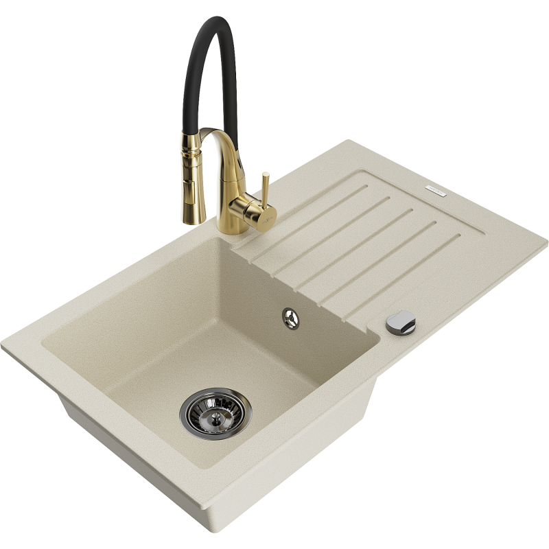 Mexen Pablo lavello in granito a 1 vasca con sgocciolatoio e rubinetto da cucina Aster, beige - 6510-69-73450-57-B