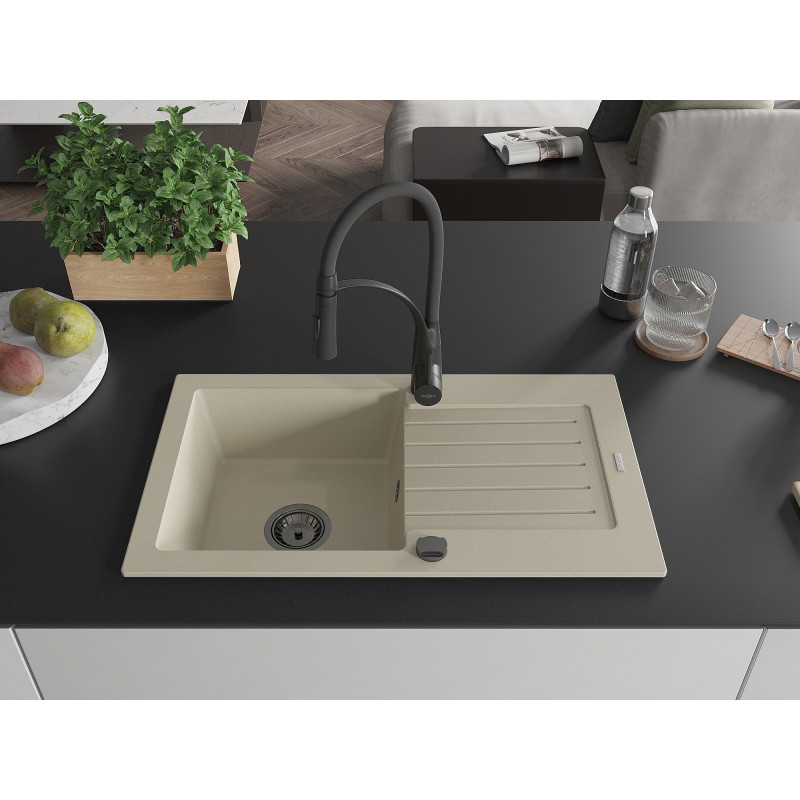 Mexen Pablo 1-komorige granieten gootsteen met afdruiprek en keukenmengkraan Aster, beige - 6510-69-73450-70-B