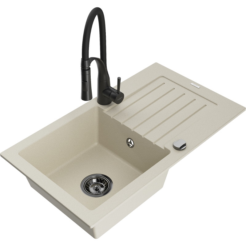Mexen Pablo fregadero de granito de 1 seno con escurridor y grifo de cocina Aster, beige - 6510-69-73450-70-B