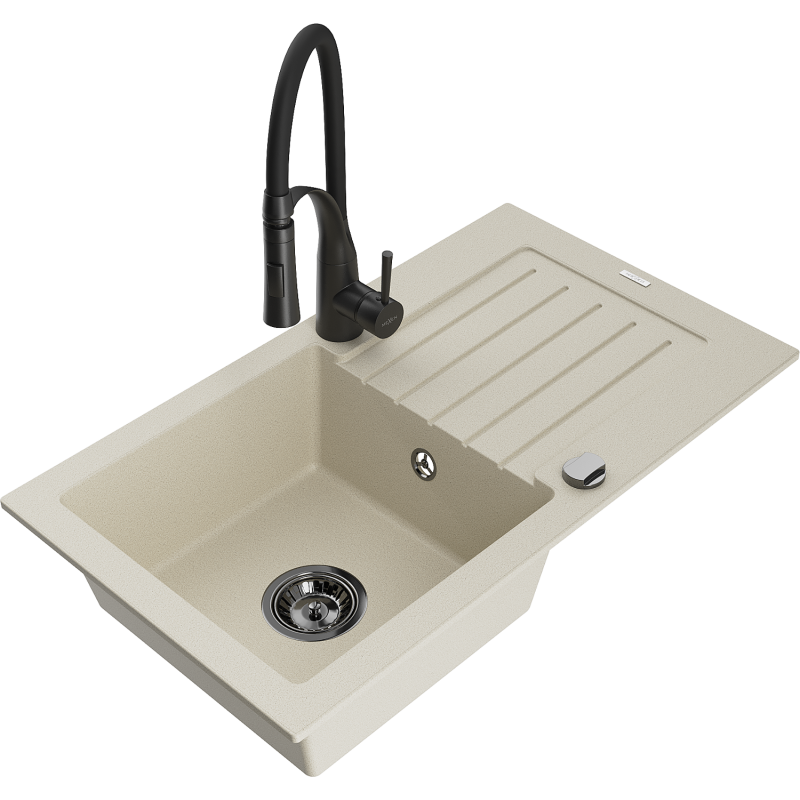 Mexen Pablo lava-louça de granito de uma bacia com escorredor e torneira de cozinha Aster, bege - 6510-69-73450-70-B
