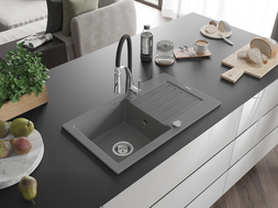 Mexen Pablo fregadero de granito de 1 seno con escurridor y grifo de cocina Aster, gris - 6510-71-73450-07