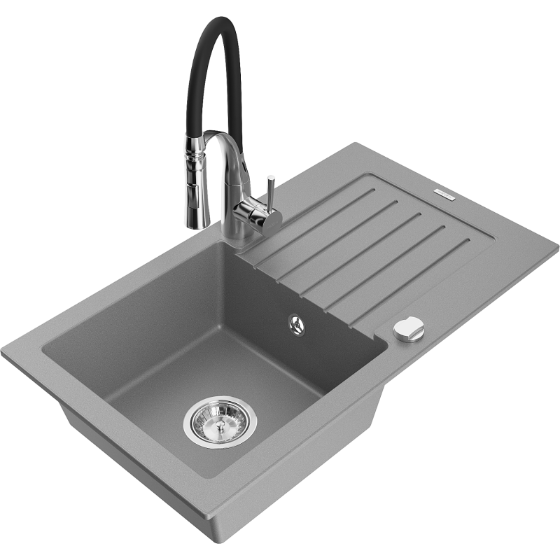 Mexen Pablo 1-bowl granite sink with drainer and Aster kitchen tap, grey - 6510-71-73450-07