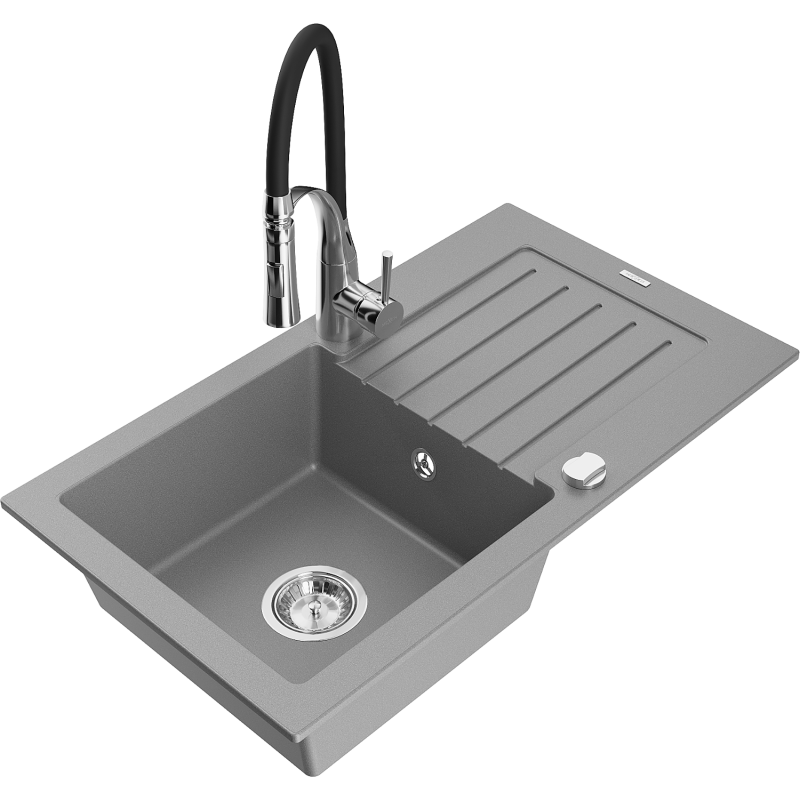Mexen Pablo fregadero de granito de 1 seno con escurridor y grifo de cocina Aster, gris - 6510-71-73450-07