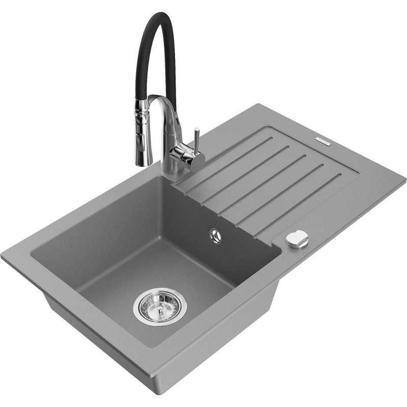 Mexen Pablo fregadero de granito de 1 tazón con escurridor y grifo de cocina Aster, gris - 6510-71-73450-07