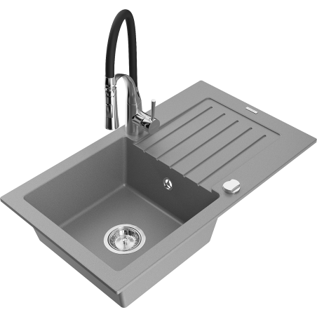 Mexen Pablo 1-bowl granite sink with drainer and Aster kitchen tap, grey - 6510-71-73450-07