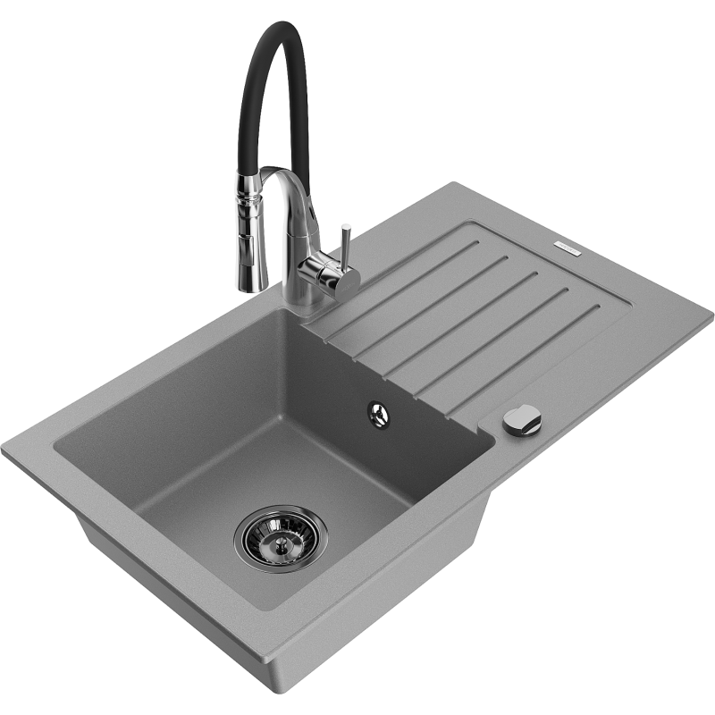 Mexen Pablo lava-loiça de granito 1-bacia com escorredor e torneira de cozinha Aster, cinza - 6510-71-73450-07-B
