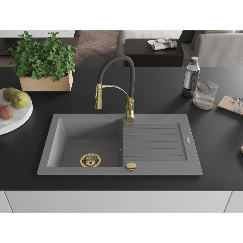 Mexen Pablo fregadero de granito de 1 seno con escurridor y grifo de cocina Aster, gris - 6510-71-73450-57-G