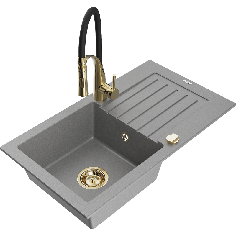 Mexen Pablo fregadero de granito de 1 cubeta con escurridor y grifo de cocina Aster, gris - 6510-71-73450-57-G