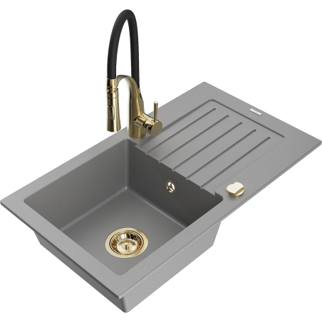 Mexen Pablo granite sink 1-bowl with drainer and kitchen tap Aster, grey - 6510-71-73450-57-G