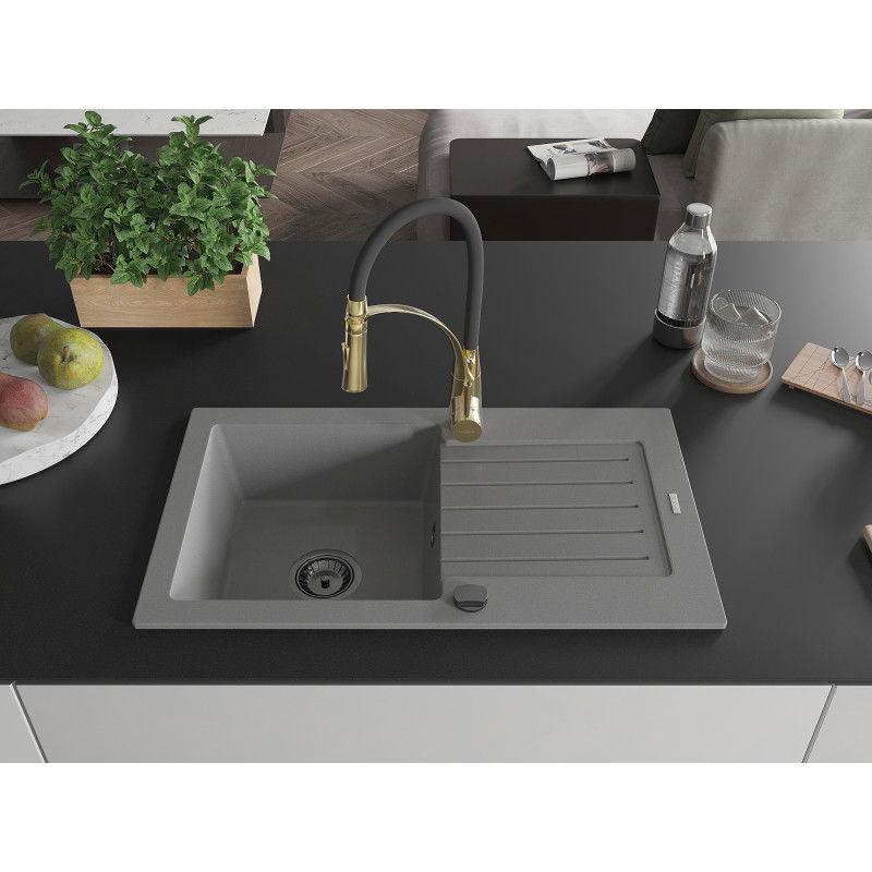 Mexen Pablo granite kitchen sink 1-bowl with drainer and Aster kitchen tap, grey - 6510-71-73450-57-B