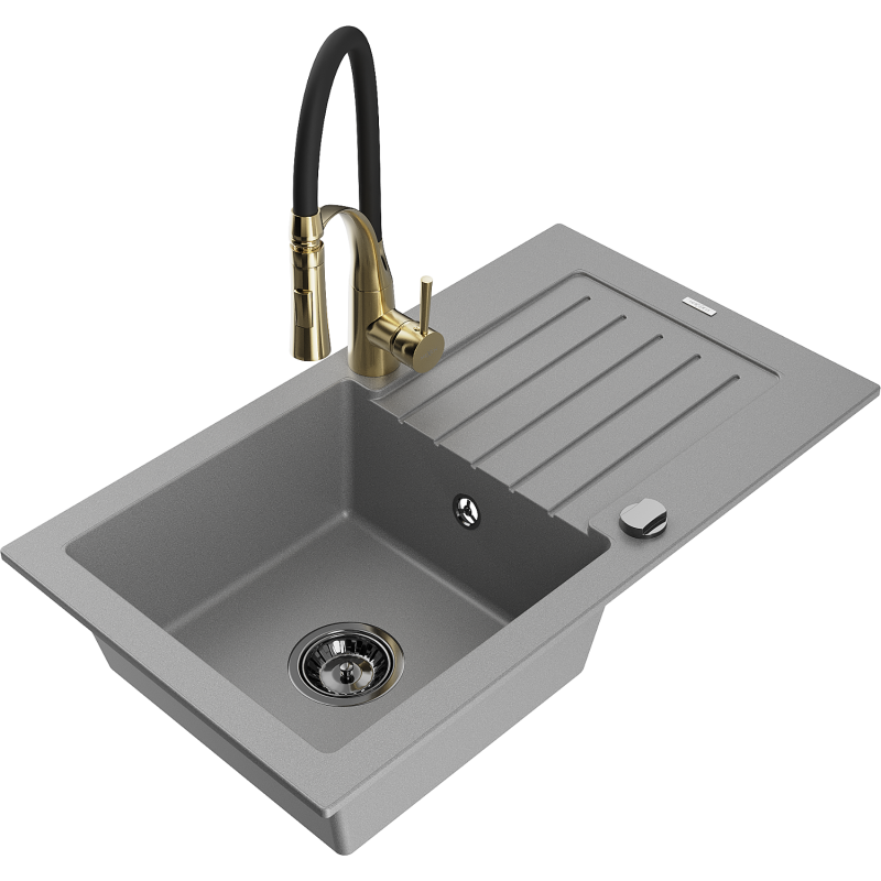 Mexen Pablo fregadero de cocina de granito de 1 cubeta con escurridor y grifo de cocina Aster, gris - 6510-71-73450-57-B