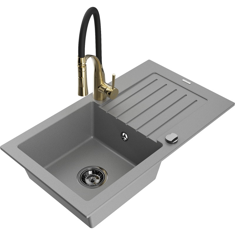 Mexen Pablo fregadero de granito de 1 seno con escurridor y grifo de cocina Aster, gris - 6510-71-73450-57-B