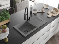 Mexen Pablo granieten spoelbak met 1 bak, afdruiprek en keukenmengkraan Aster, grijs - 6510-71-73450-70-B
