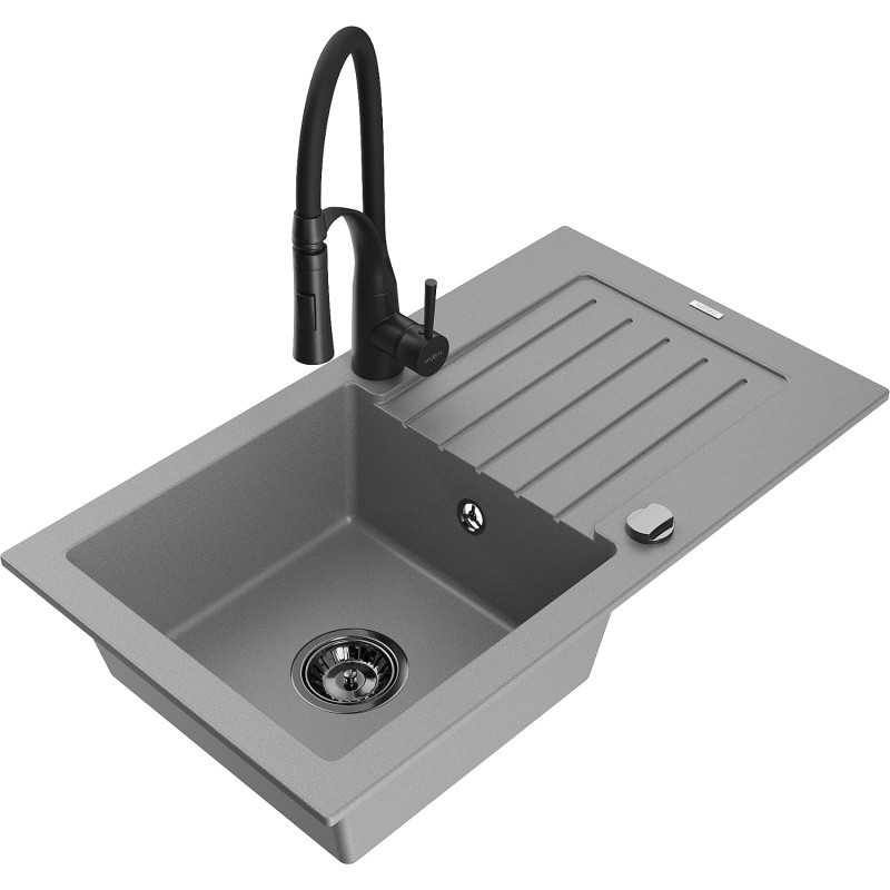 Mexen Pablo fregadero de granito 1-cuba con escurridor y grifo de cocina Aster, gris - 6510-71-73450-70-B
