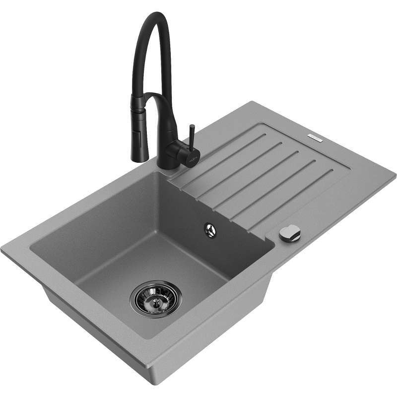 Mexen Pablo lavello da cucina in granito con 1 vasca, gocciolatoio e miscelatore cucina Aster, grigio - 6510-71-73450-70-B
