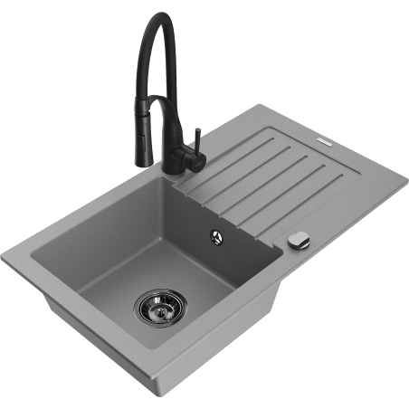 Mexen Pablo fregadero de granito 1-cuba con escurridor y grifo de cocina Aster, gris - 6510-71-73450-70-B