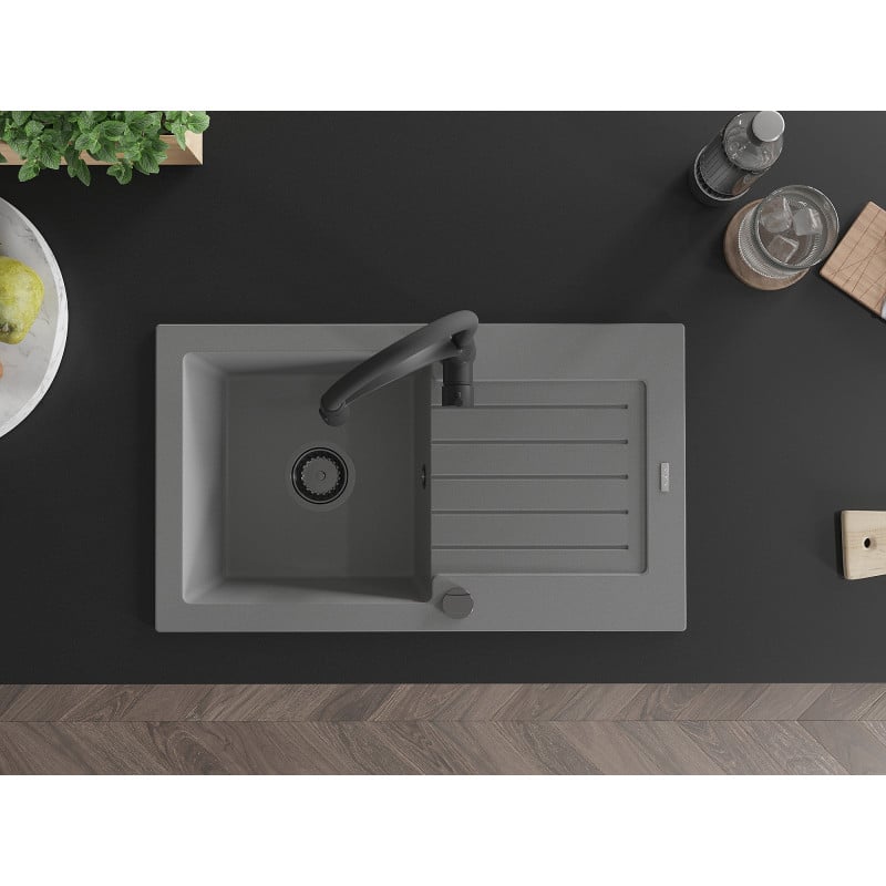 Mexen Pablo lavello da cucina in granito con 1 vasca, gocciolatoio e miscelatore cucina Aster, grigio - 6510-71-73450-70-B