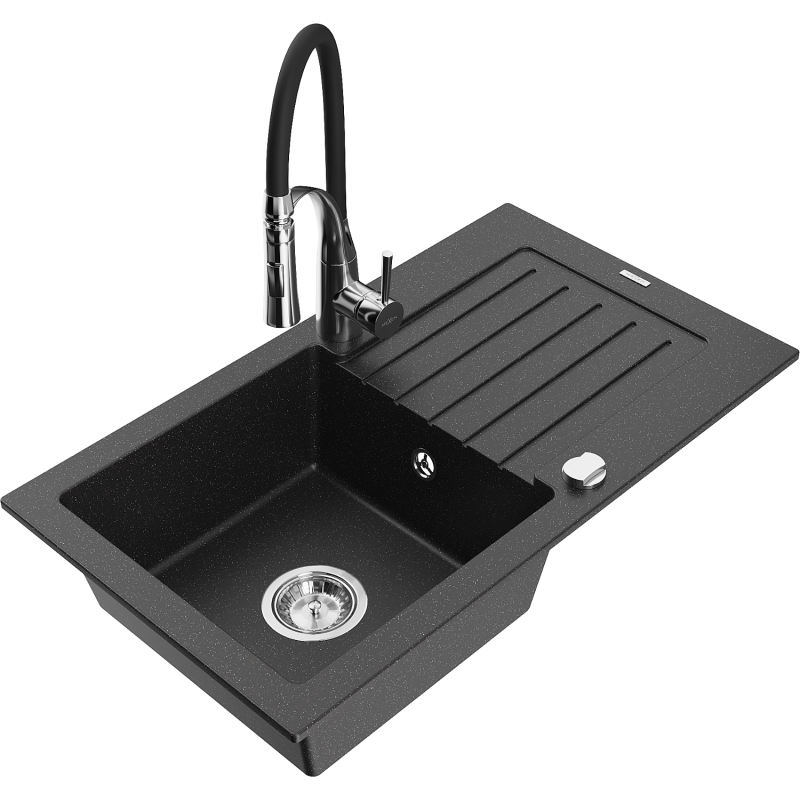 Mexen Pablo granite sink 1-bowl with drainer and Aster kitchen tap, black/silver metallic - 6510-73-73450-07