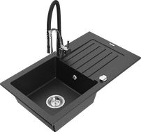 Mexen Pablo granite sink 1-bowl with drainer and Aster kitchen tap, black/silver metallic - 6510-73-73450-07