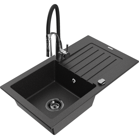 Mexen Pablo Granitspüle 1-beckig mit Abtropffläche und Küchenarmatur Aster, schwarz/silber metallic - 6510-73-73450-07-B