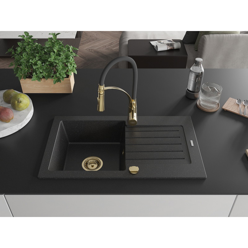 Mexen Pablo 1-komorige granieten gootsteen met afdruiprek en keukenkraan Aster, zwart/zilver metallic - 6510-73-73450-57-G