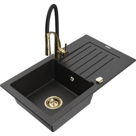 Mexen Pablo Fregadero de granito de 1 seno con escurridor y grifo de cocina Aster, negro/metálico plateado - 6510-73-73450-57-G