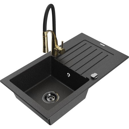 Mexen Pablo granitische spoelbak met 1 bak met afdruipplaat en keukenmengkraan Aster, zwart/zilver metallic - 6510-73-73450-57-B