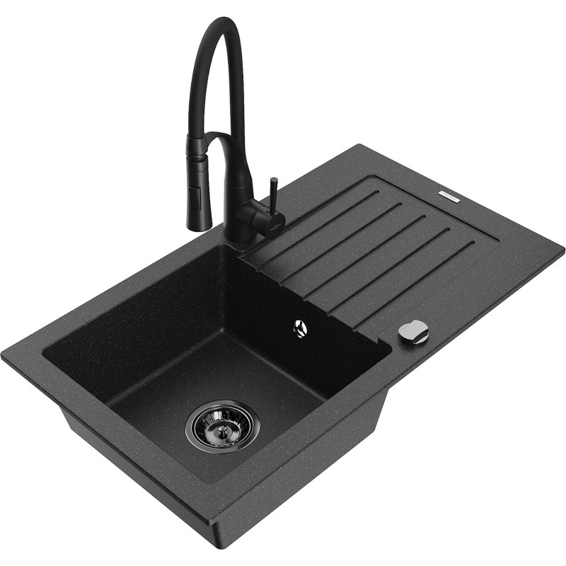 Mexen Pablo granite sink 1-bowl with drainer and Aster kitchen tap, black/silver metallic - 6510-73-73450-70-B