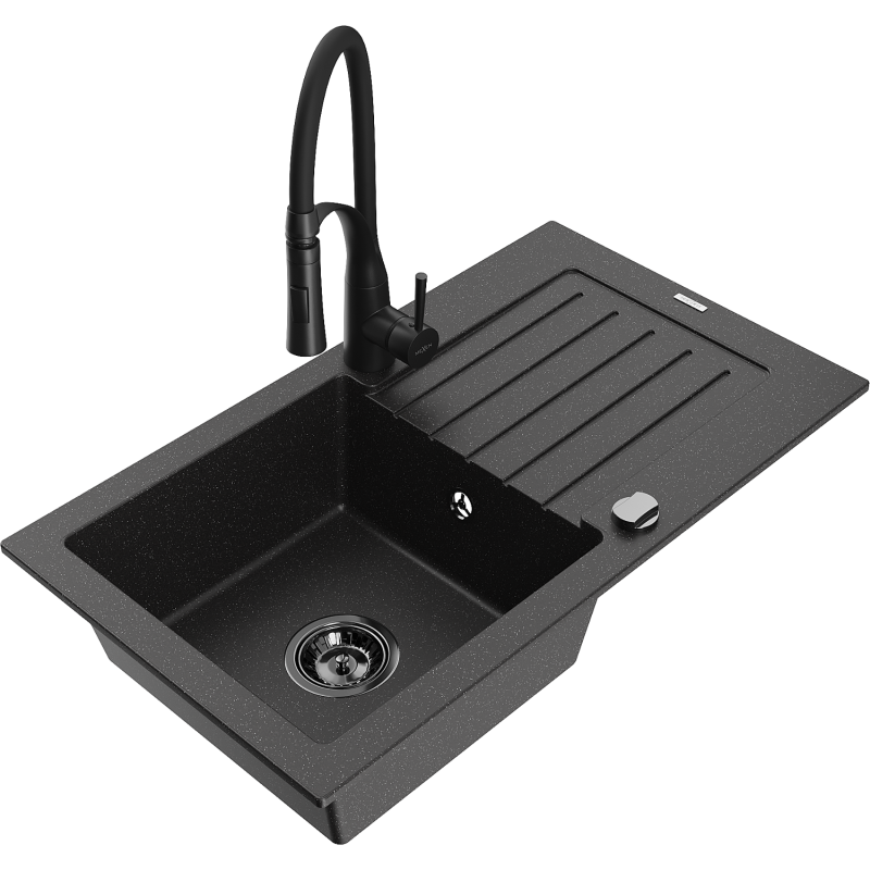 Mexen Pablo lavello in granito a 1 vasca con sgocciolatoio e rubinetto da cucina Aster, nero/argento metallizzato