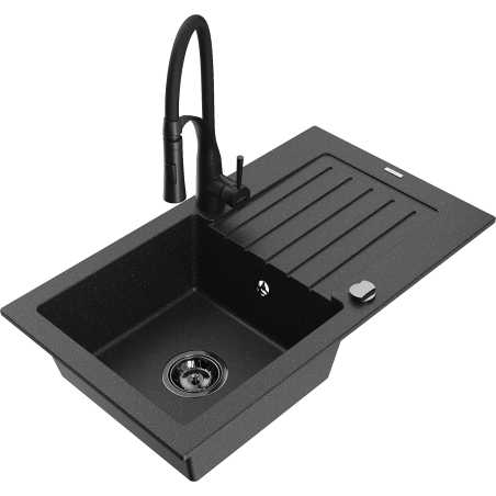 Mexen Pablo Granitspüle mit 1 Becken, Abtropffläche und Küchenarmatur Aster, schwarz/silber Metallic - 6510-73-73450-70-B
