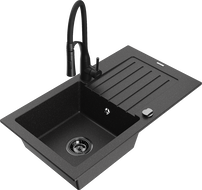 Mexen Pablo fregadero de granito de 1 cubeta con escurridor y grifo de cocina Aster, negro/plateado metálico