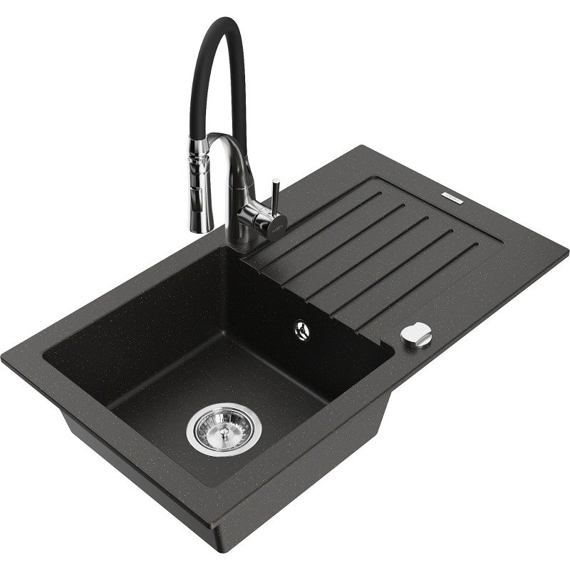 Mexen Pablo granit gootsteen met 1 bak en afdruiprek en keukenmengkraan Aster, zwart/goud metallic - 6510-75-73450-07