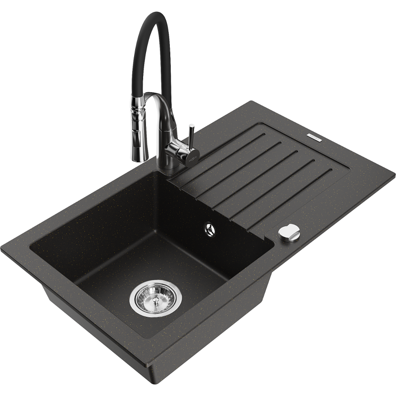 Mexen Pablo granite sink 1-bowl with drainer and Aster kitchen tap, black/golden metallic - 6510-75-73450-07