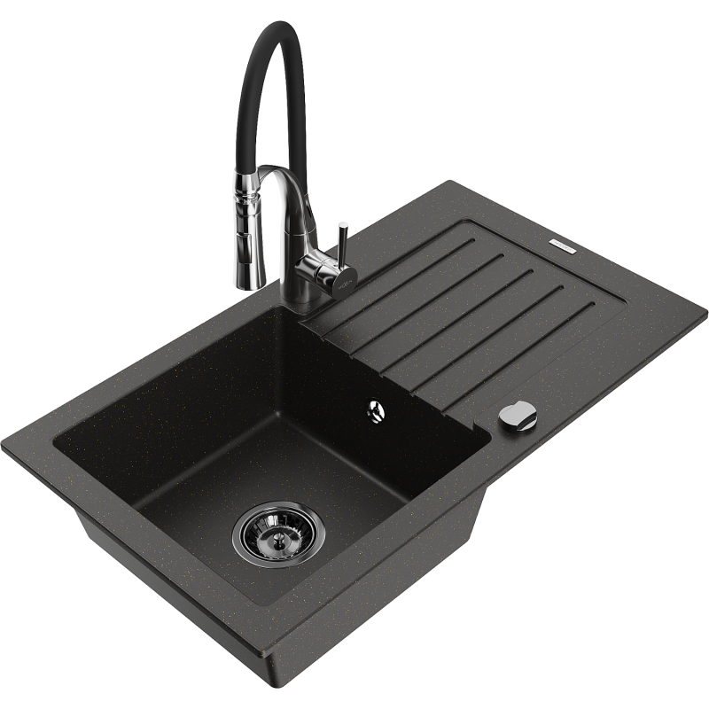 Mexen Pablo fregadero de granito de 1 seno con escurridor y grifo de cocina Aster, metálico negro/dorado - 6510-75-73450-07-B