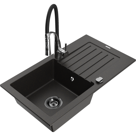 Mexen Pablo 1-bowl Granite Sink with Drainer and Aster Kitchen Tap, Black/Gold Metallic - 6510-75-73450-07-B