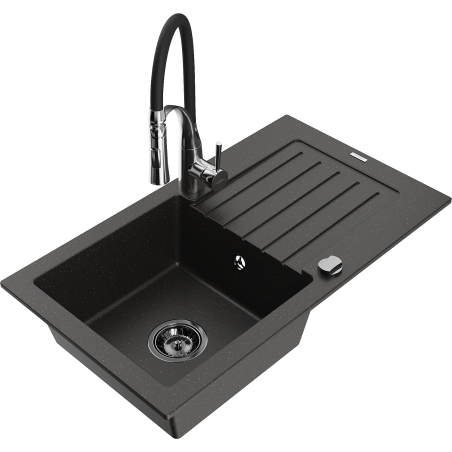 Mexen Pablo fregadero de granito de 1 tina con escurridor y grifo de cocina Aster, negro/oro metálico - 6510-75-73450-07-B