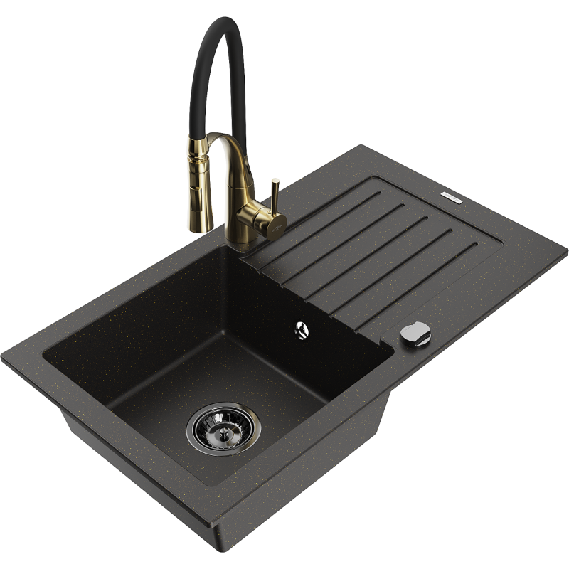 Mexen Pablo fregadero de granito de 1 seno con escurridor y grifo de cocina Aster, negro/oro metálico - 6510-75-73450-57-B