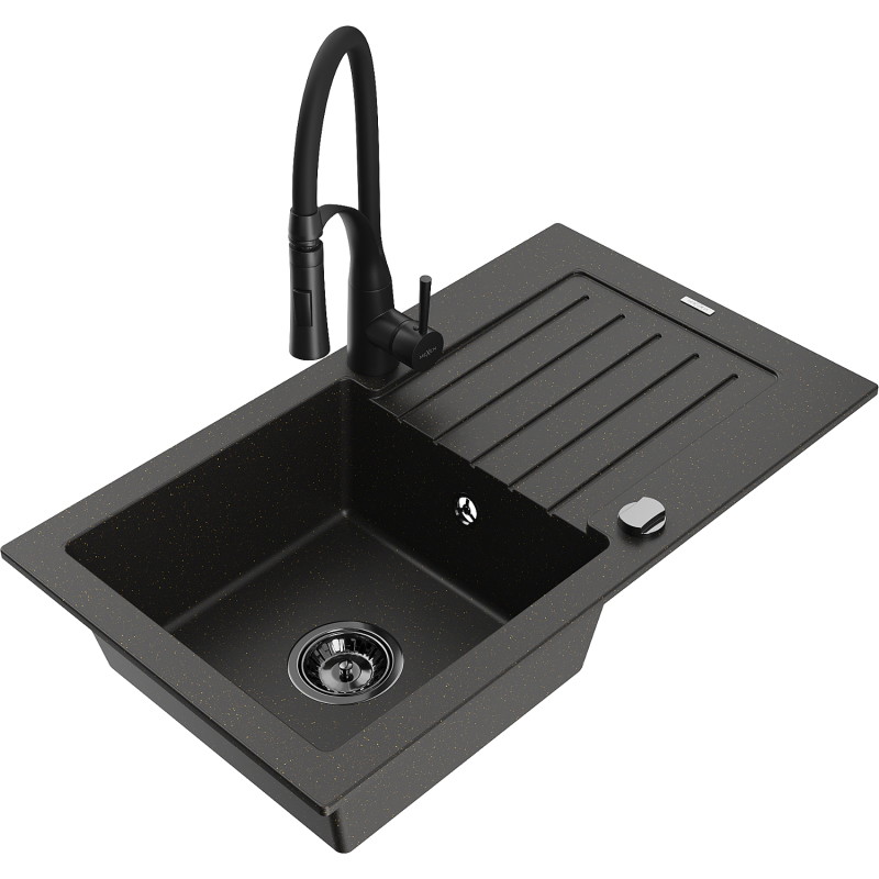 Mexen Pablo granieten spoelbak met 1 bak, afdruiprek en keukenmengkraan Aster, zwart/goud metallic - 6510-75-73450-70-B