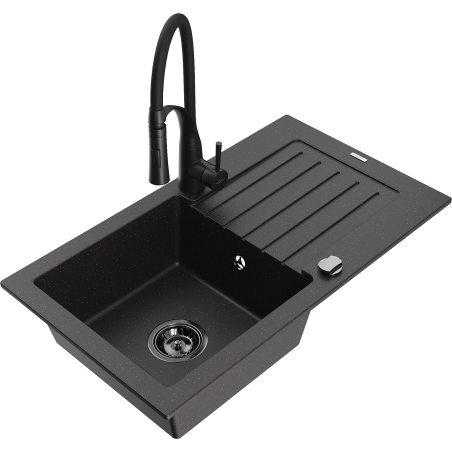 Mexen Pablo lavello in granito a 1 vasca con sgocciolatoio e rubinetto da cucina Aster, nero/oro metallizzato