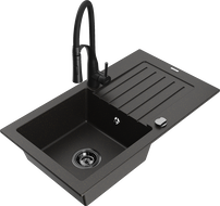 Mexen Pablo lava-loiça de granito de 1 cuba com escorredor e torneira de cozinha Aster, preto/dourado metálico