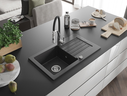 Mexen Pablo granite sink with 1 basin, drainer, and Aster kitchen tap, speckled black - 6510-76-73450-07