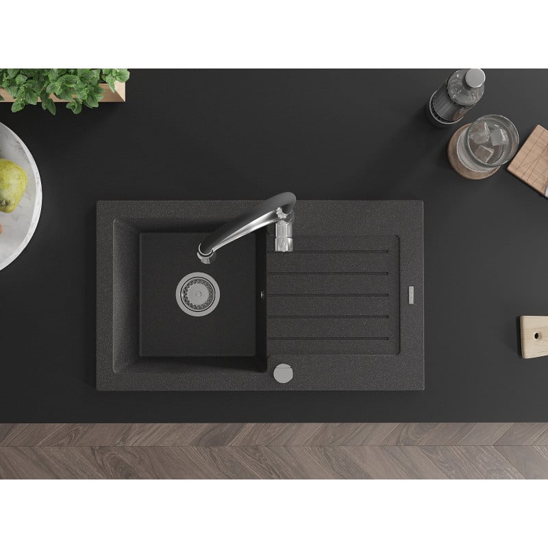 Mexen Pablo granite sink with 1 basin, drainer, and Aster kitchen tap, speckled black - 6510-76-73450-07