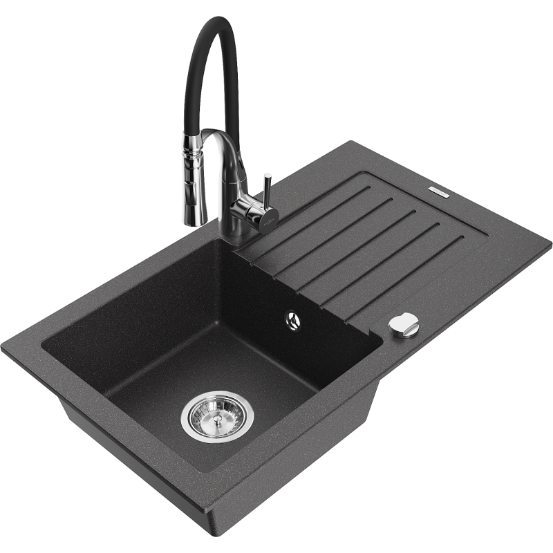 Mexen Pablo granite sink with 1 basin, drainer, and Aster kitchen tap, speckled black - 6510-76-73450-07