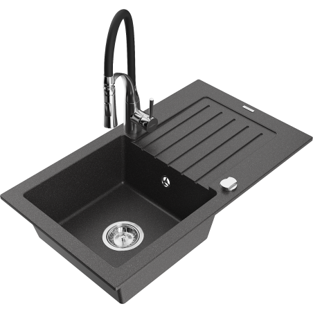 Mexen Pablo granite sink with 1 basin, drainer, and Aster kitchen tap, speckled black - 6510-76-73450-07