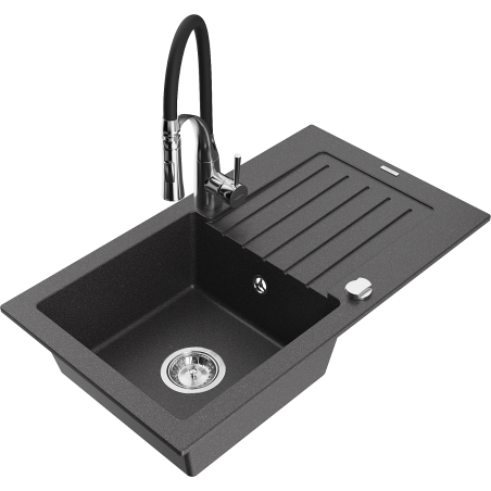Mexen Pablo yksi-allas granittinen tiskiallas valutustasolla ja keittiöhanalla Aster, musta pilkullinen - 6510-76-73450-07