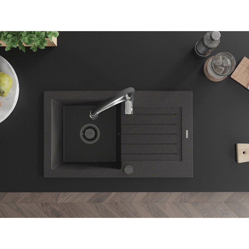 Mexen Pablo granieten spoelbak met 1 bak en afdruiprek en keukenmengkraan Aster, zwart gespikkeld - 6510-76-73450-07-B
